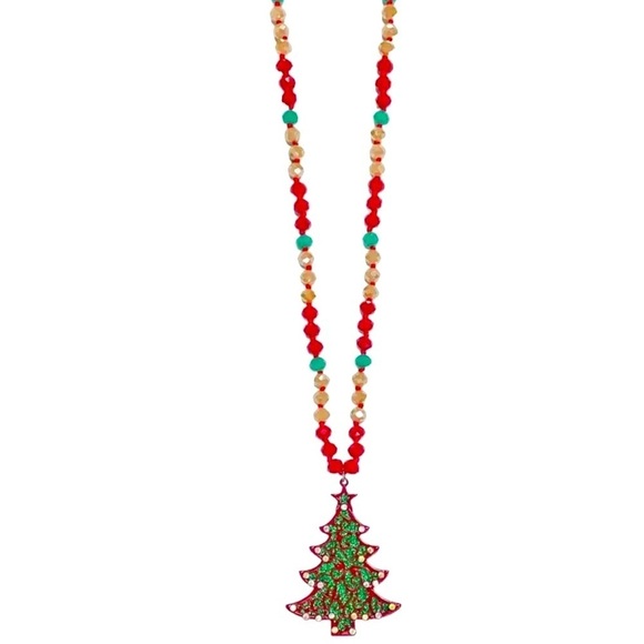 Treasure Jewels Christmas Tree Glitter Pendant Long Beaded Necklace Reversible - Picture 1 of 13